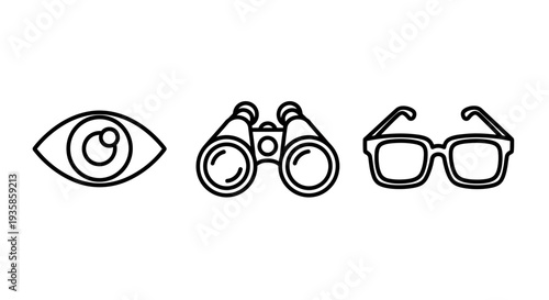 Vision and observation icon set featuring human eye, binoculars, and eyeglasses in a clean black line art style