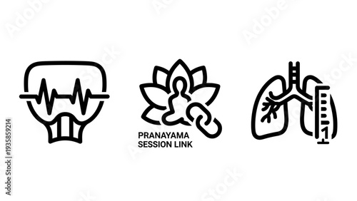 Set of black line icons representing pranayama sessions, breathing exercises, meditation, and healthy lung function for wellness and yoga applications.