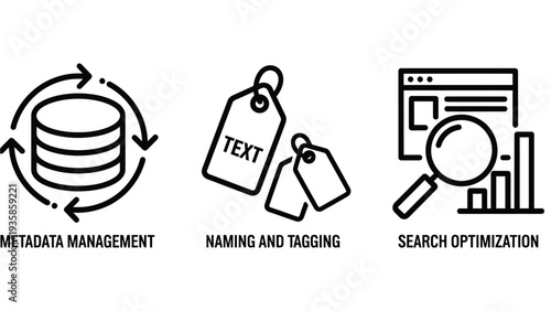 Collection of business icons for metadata management, file naming, data tagging, and website search engine optimization with analytical charts and magnifiers.
