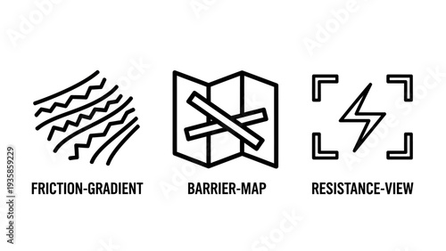 Abstract concept icons illustrating physical and digital properties like friction gradient, barrier map, and resistance view