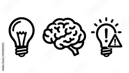 Icons depicting creative ideation, human intelligence, and problem-solving through lightbulb and brain symbols for brainstorming and troubleshooting concepts.