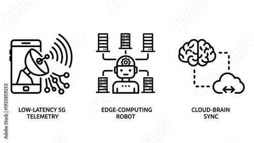 Advanced technology icons featuring low-latency 5G telemetry, edge-computing robotics, and cloud-brain synchronization for future network infrastructure concepts.