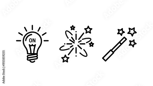 Creative set of icons illustrating innovation, magical effects, and the spark of a new idea using lightbulb, star bursts, and a wizard wand.