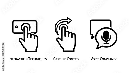 Modern user interface icons representing mobile interaction techniques, hand gesture controls, and voice command features for smart technology applications.