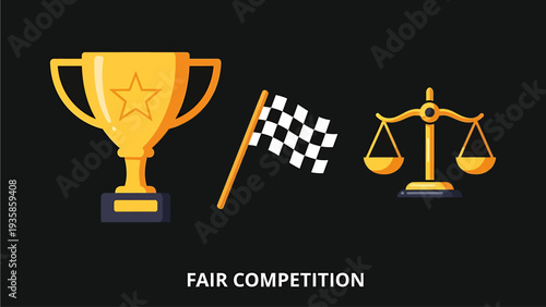 Fair competition concept illustration featuring a gold trophy, checkered racing flag, and scales of justice for business ethics and sportsmanship