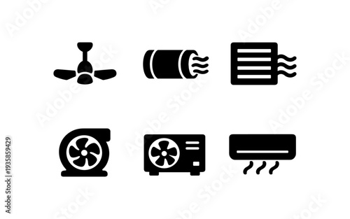 Collection of six black icons representing different types of fans and air conditioning units