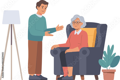 Young man helping elderly woman sitting in armchair home care support concept flat vector illustration isolated on light background