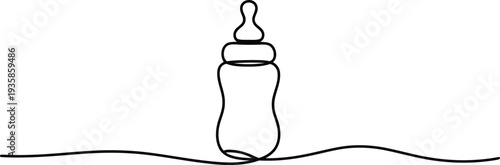 Simple continuous line drawing of a baby feeding bottle with a nipple on a plain white surface