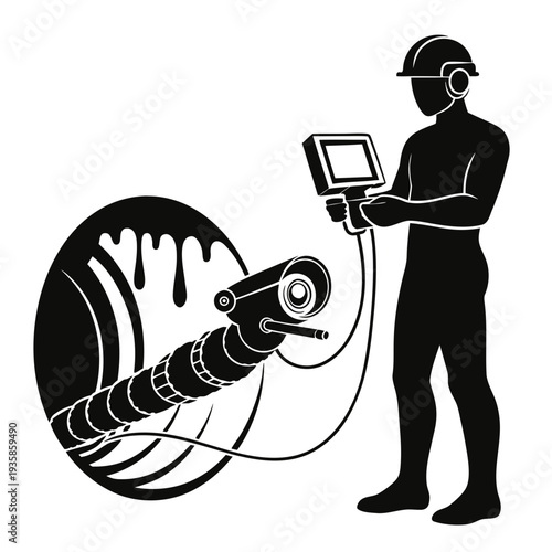 Industrial inspection with a camera probe in a pipe, monitored by a technician with a screen