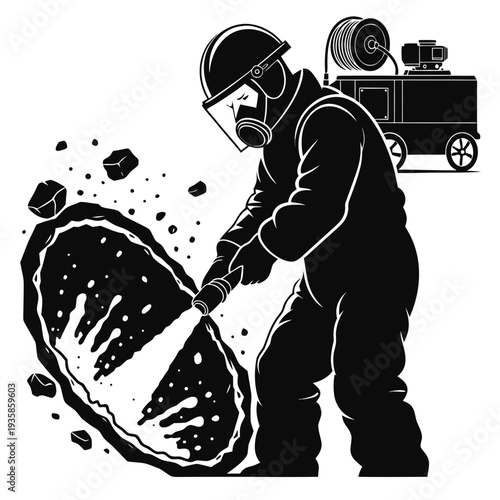 Vectored illustration of a worker in protective gear using a high-pressure jet for industrial cleaning or debris removal, depicting specialized maintenance tasks and demanding labor conditions