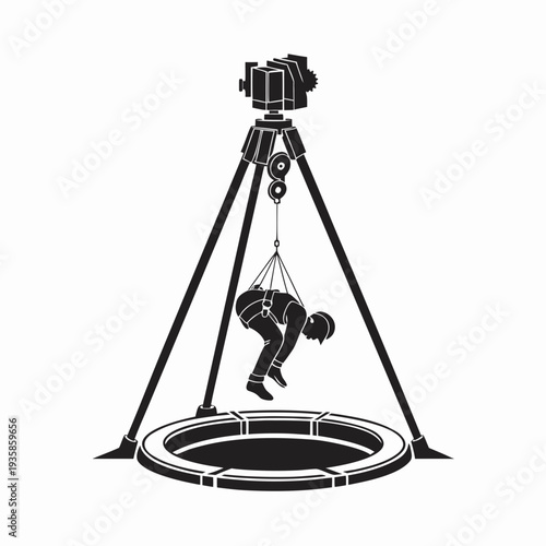 Black and white illustration of a person suspended upside down from a tripod in a harness, performing an aerial stunt over a circular stage