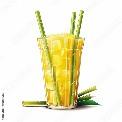 A refreshing glass of yellow juice with bamboo straws on a white background