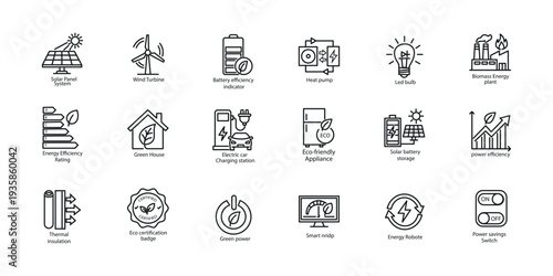  Renewable Energy and Energy Efficiency Line Icons Set, Green Technology Power Saving Outline Vector Collection