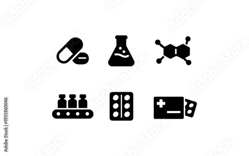 Collection of pharmaceutical and medical icons representing research, production, and treatment