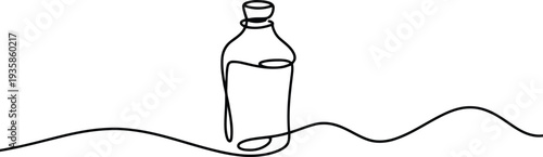 Simple continuous line drawing showing a sleek bottle with a cap and a wavy line