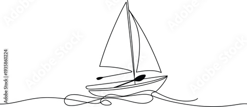 Simple continuous line drawing of a sailboat with a single mast floating peacefully on gentle waves