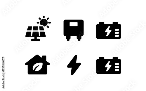 Set of icons representing renewable energy sources and storage solutions for a sustainable future