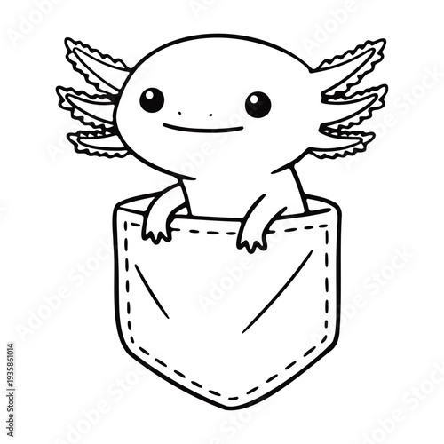 A cute cartoon axolotl peeking out of a pocket in a minimalist line art illustration