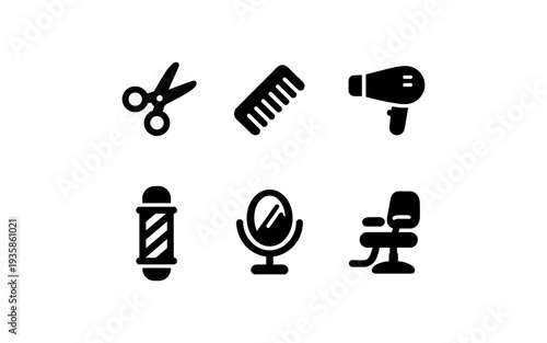 Collection of barber shop and hair salon icons including scissors, comb, dryer, pole, mirror, and chair