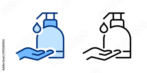 Antiseptic bottle icons set. Human hand symbol. Hygiene sign. Medicine, medical, hospital, healthcare vector concept. Blue black solid / linear icon. For apps, ui / ux design, infographic.