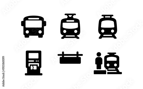 Collection of public transportation and transit icons including bus, train, ticket machine, and station sign