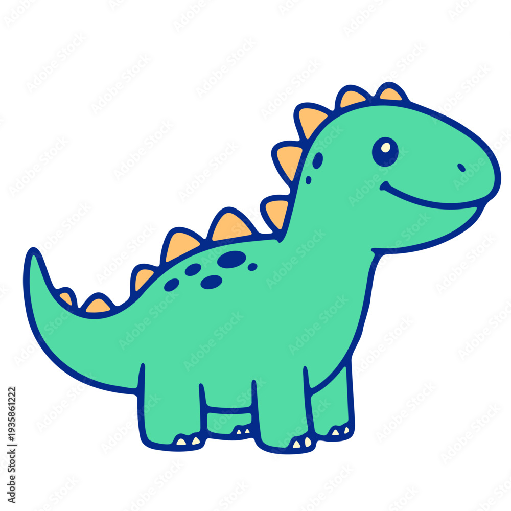 Obraz premium A cheerful green dinosaur with a smile and spiky back in a cartoon style