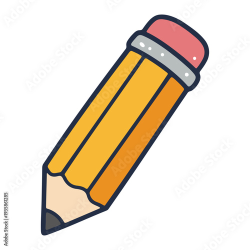 A colorful cartoon pencil with a pink eraser on a white background