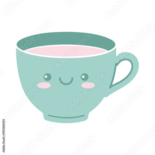 A cute cartoon teacup with a smiling face and pastel colors