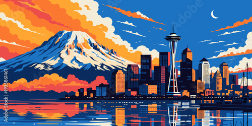 USA, US, U.S, United States - Mount Rainier and Seattle skyline dramatic sunset ultra-wide flat vector illustration
