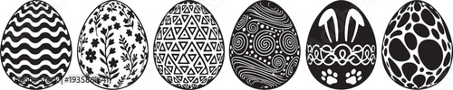 Collection of six unique oval shaped black and white patterns with intricate designs and textures