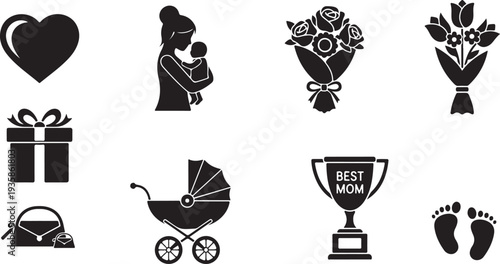 Black and white icons representing love gifts and baby related items