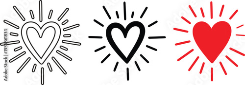 Three stylized heart designs with radiating lines