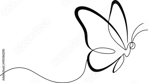 Smooth continuous line forming a subtle butterfly in flight against a bright white background