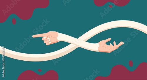 Two cartoon hands with long arms pointing and holding on dark teal background