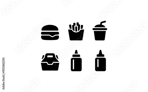 Collection of black icons representing fast food items and condiments on a white background