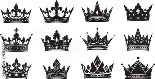 Collection of 12 unique royal crown illustrations in black and white