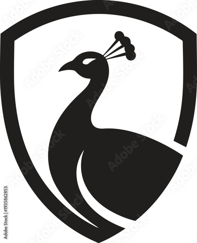 Elegant peacock silhouette within a shield emblem, representing prestige, beauty, and nature