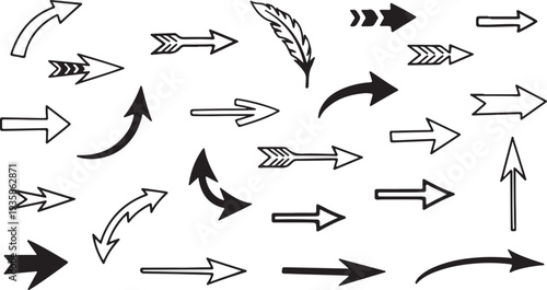 A collection of various black and white arrows on a plain white background for design and directional purposes