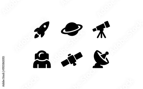 Collection of space and astronomy icons including a rocket, planet, telescope, astronaut, satellite, and dish