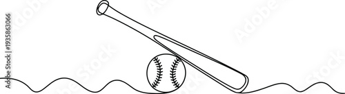 This clean continuous line drawing showcases a baseball bat and ball depicted with flowing lines and simplicity