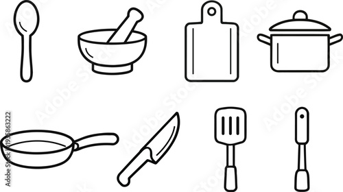 Line art illustration of various kitchen tools and cooking utensils