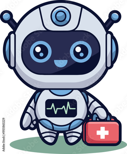 Friendly healthcare robot holding first aid kit cartoon vector illustration isolated on light background medical technology mascot