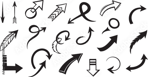 A collection of various black arrows and pointers on a white background for design and directional purposes