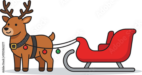 A cartoon reindeer pulling a red sleigh festive holiday illustration