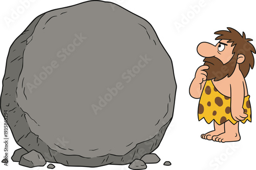 A thoughtful cartoon caveman looking at a large gray boulder, pondering an idea, isolated on a white background vector illustration.