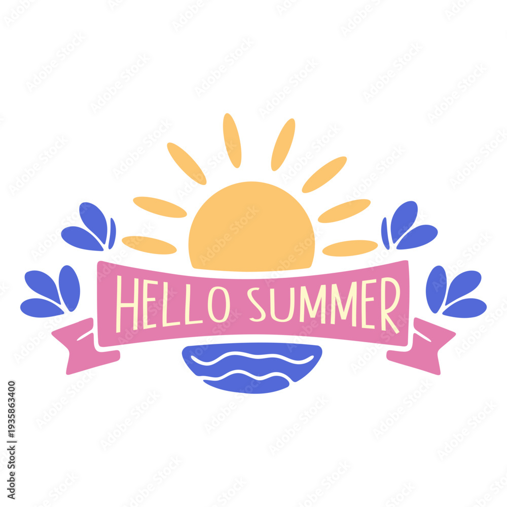 Obraz premium A colorful vector graphic illustration of a hello summer icon with a sun and leaves