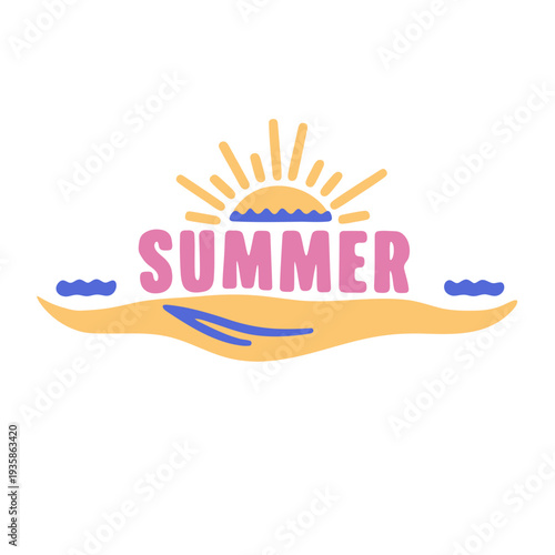 A colorful vector graphic illustration of a summer beach scene with the word SUMMER in pink letters