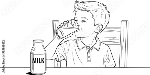 Boy drinking milk line art illustration, child enjoying healthy dairy drink, nutrition concept, kid drinking milk outline drawing