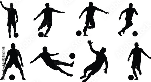 Football player silhouette set, soccer action poses collection, dribbling kicking sliding tackle vector illustration isolated on background