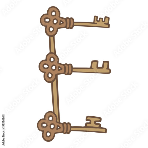 Three vintage ornamented keys forming an E